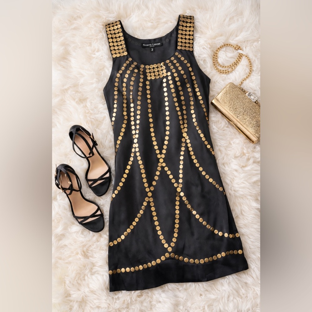Nanette Lepore Silk Helen of Troy Dress 2 Black BrassStudded Beaded Gatsby Style
